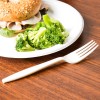Disposable eco-friendly forks. Single-use forks in beige colour.