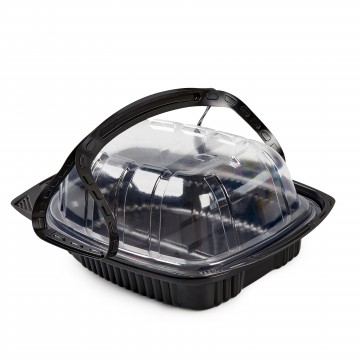 Black Rotisserie Chicken Roaster Container Carrier w/Clear High Dome Lid