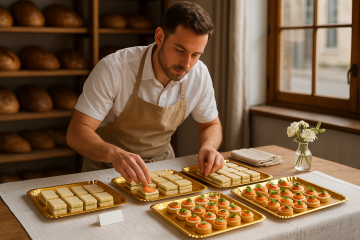 Поднос одноразовый 30×20 см золотого цвета для фуршета, свадьбы, корпоратива, для сервировки брускетт, мини-бургеров, сырных корзиночек и пирожных 