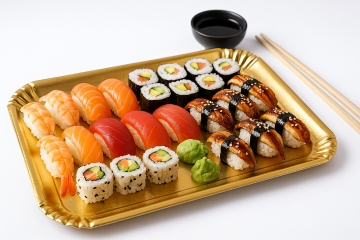 Поднос из ламинированного золотого картона 30×20 см для мини суши-сета, кейтеринга и доставки еды