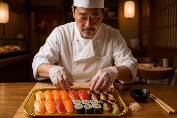 Экологический поднос 30х20 см из картона золотого цвета для упаковки, подачи и доставки суши-сетов, роллов, нигири, японских и азиатских блюд.