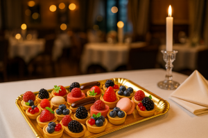 Gold rectangular trays for pastry, catering, and sushi sets